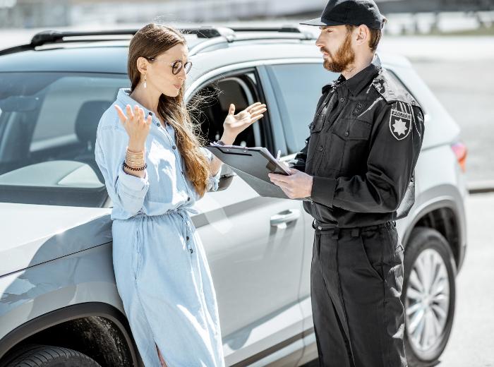 Femme se faisant verbaliser par un policier pour une infraction au Code de la route avec sa voiture